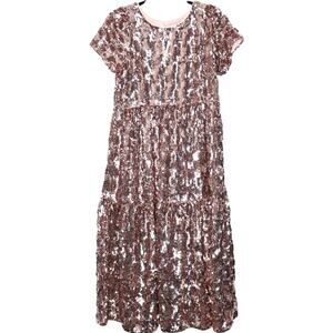 MAEVE NEW Bernadette Sequined Midi Dress Pink Rose Tiered Lined Women's XS